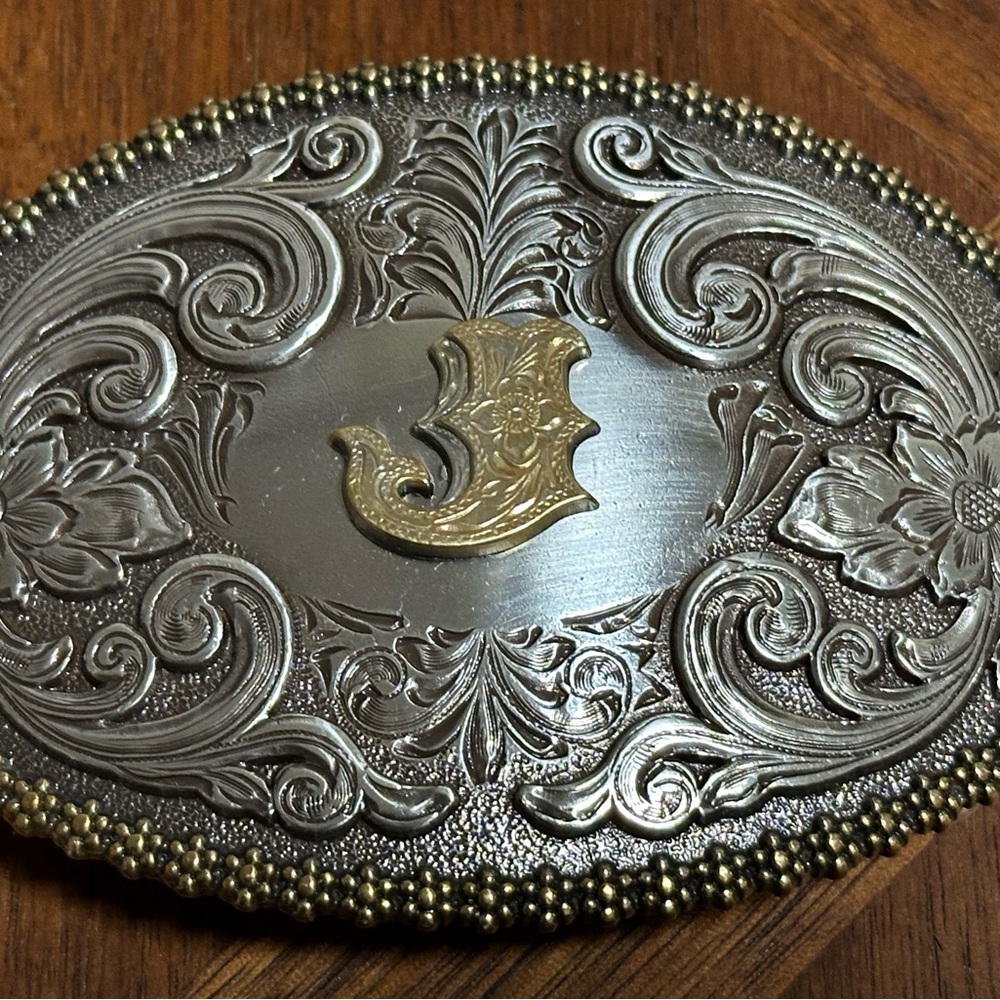 Ornate Silver and Gold J Belt Buckle